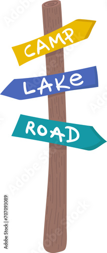 Colorful direction signpost with words Camp, Lake, Road. Wooden guidepost with arrow signs pointing to various destinations. Outdoor navigation and travel concept vector illustration.