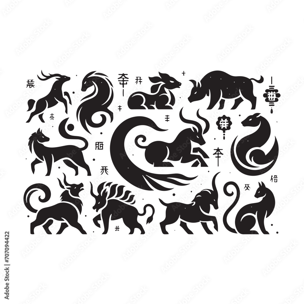 Obraz premium Lunar Legacy Illuminated: Timeless Chinese Zodiac Animal Silhouette Stock Images Tailored for Chinese New Year - Chinese New Year Silhouette - Chinese Zodiac Animal Vector Stock 