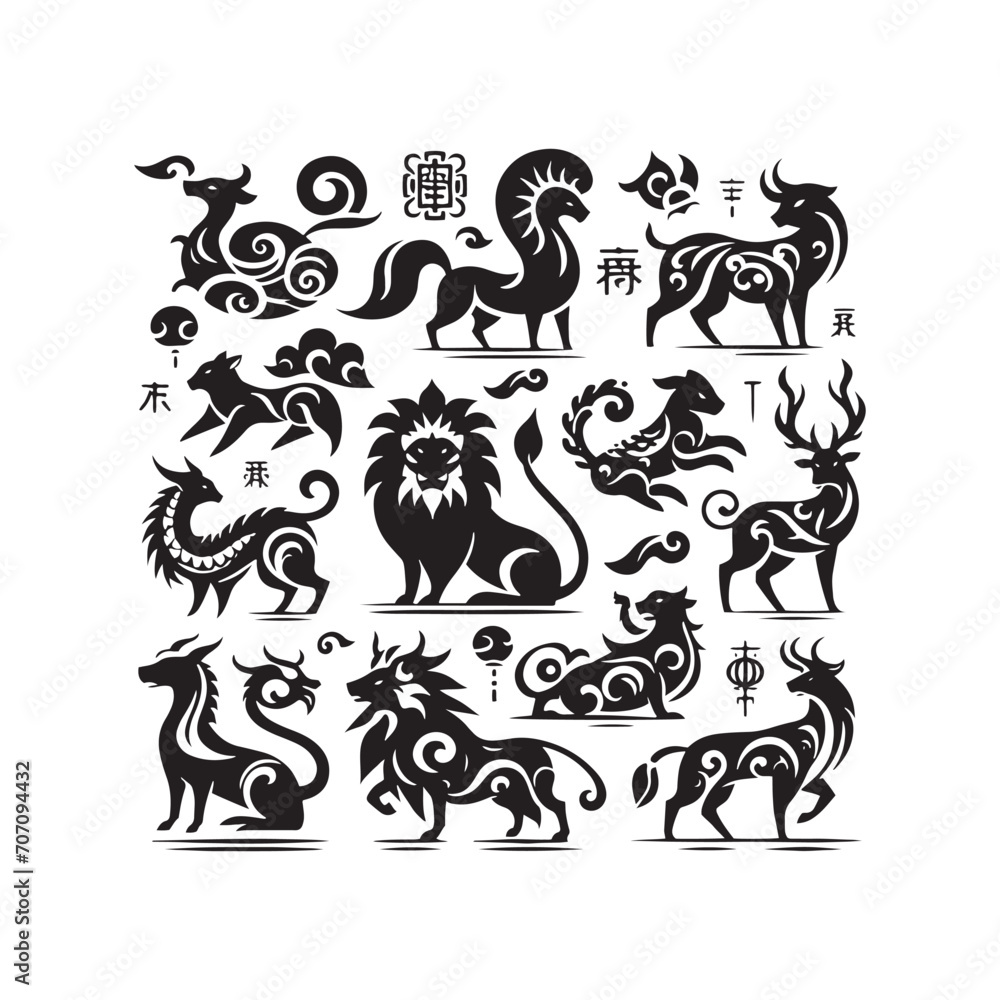 Fototapeta premium Celestial Harmony Embodied: Exquisite Chinese Zodiac Animal Silhouette Portraits Perfect for Stock Enthusiasts - Chinese New Year Silhouette - Chinese Zodiac Animal Vector Stock 