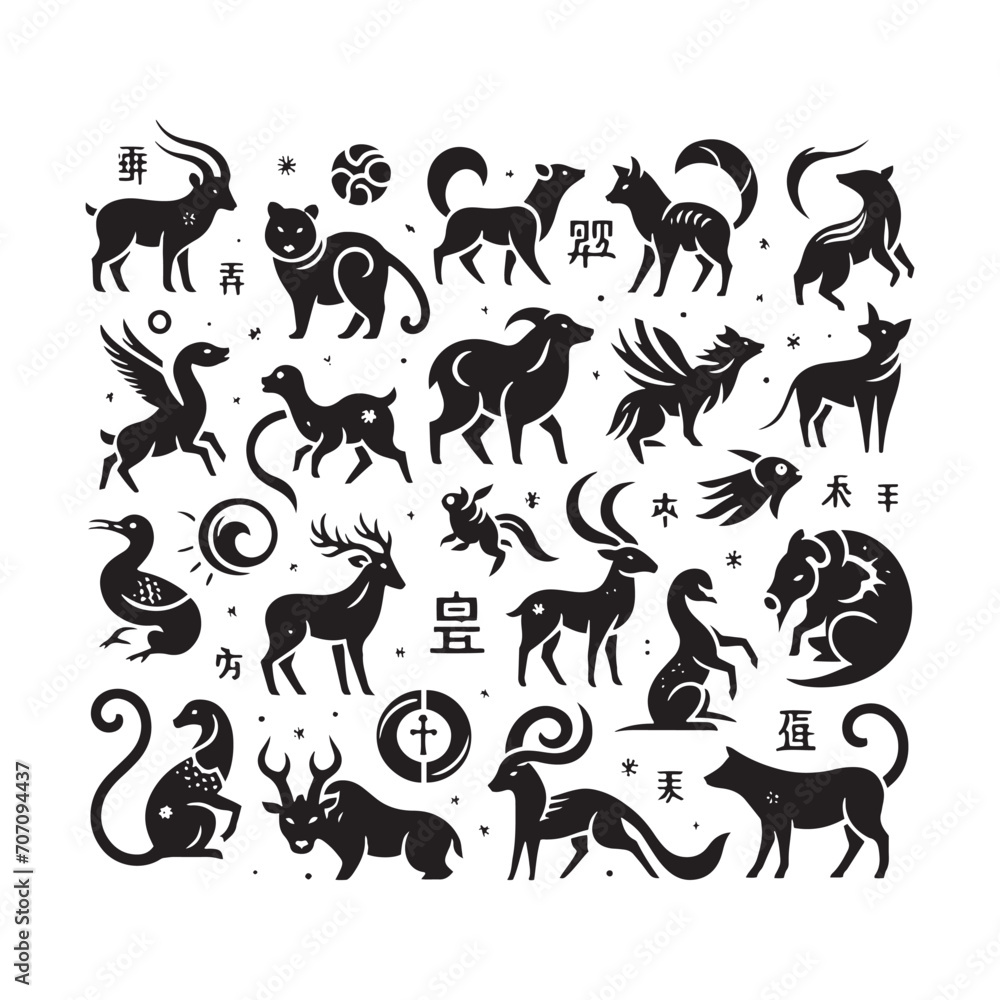 Obraz premium Oriental Elegance Captured: A Mesmerizing Chinese Zodiac Animal Silhouette Stock Portfolio - Chinese New Year Silhouette - Chinese Zodiac Animal Vector Stock 