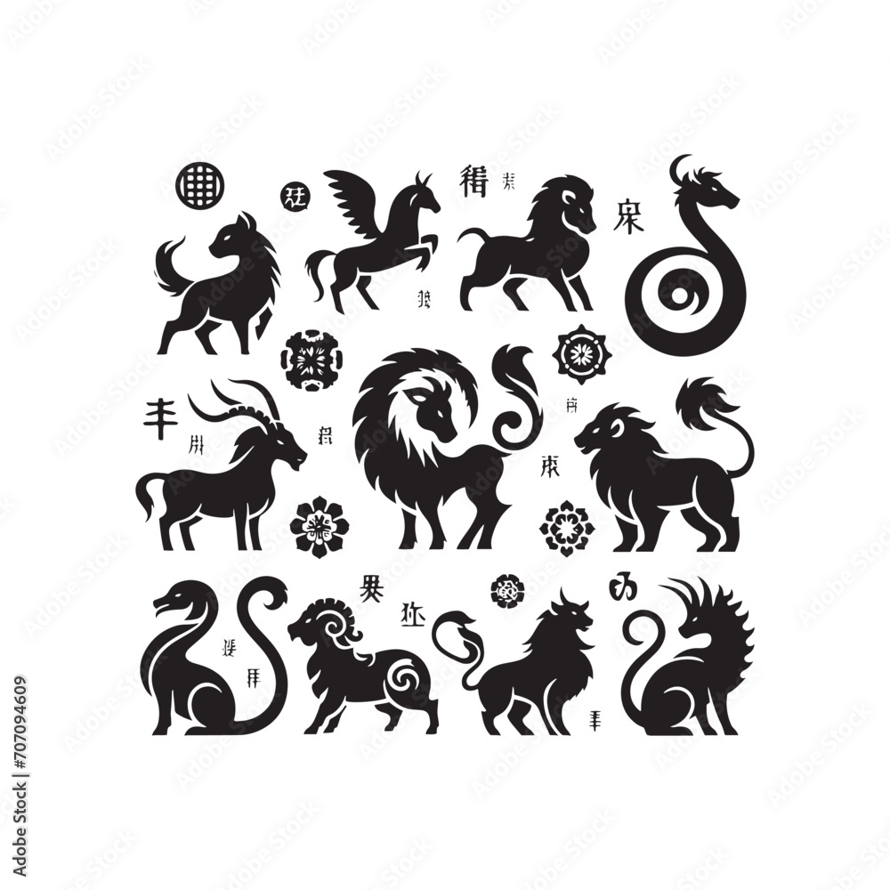 Obraz premium Tranquil Tributes Displayed: Unveiling the Aesthetic Charms of Chinese Zodiac Animal Silhouette Stock Art - Chinese New Year Silhouette - Chinese Zodiac Animal Vector Stock