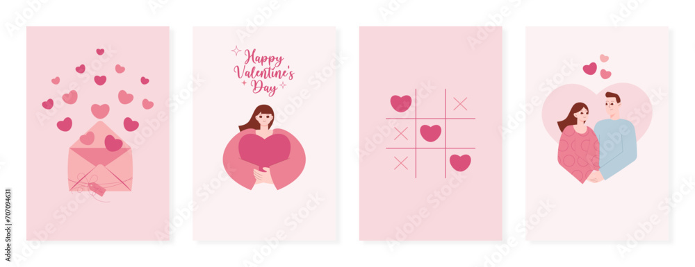 Set of Valentines day cards with cute characters in flat cartoon style. Pink greeting cards for February 14 with a hugging couple, hearts, love letter in envelope, valentine. Concept of love. Set of Valentines day cards with cute characters in flat cartoon style. Pink greeting cards for February 14 with a hugging couple, hearts, love letter in envelope, valentine. Concept of love.
