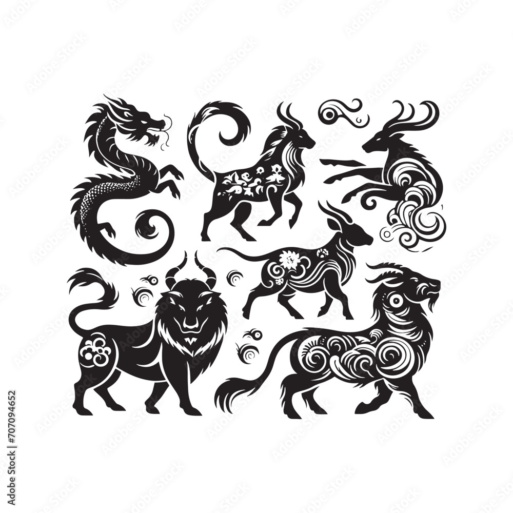Obraz premium Zodiacal Whispers Captured: A Captivating Journey through the Intricate Chinese Zodiac Animal Silhouette Stock Collection - Chinese New Year Silhouette - Chinese Zodiac Animal Vector Stock 