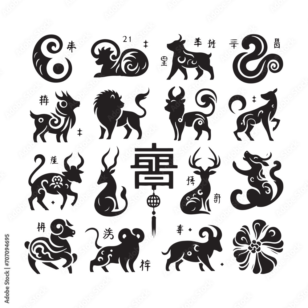 Lunar Legacy Illuminated: Timeless Chinese Zodiac Animal Silhouette Stock Images Tailored for Chinese New Year - Chinese New Year Silhouette - Chinese Zodiac Animal Vector Stock
