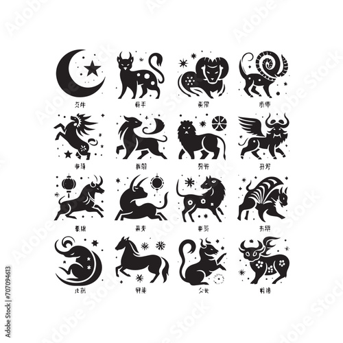 Ancient Symbols Rediscovered: Elevate Your Designs with Chinese Zodiac Animal Silhouette Stock Imagery - Chinese New Year Silhouette - Chinese Zodiac Animal Vector Stock 
