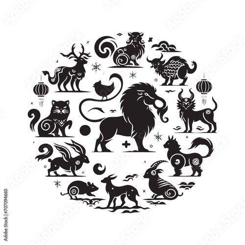 Oriental Elegance Captured  A Mesmerizing Chinese Zodiac Animal Silhouette Stock Portfolio - Chinese New Year Silhouette - Chinese Zodiac Animal Vector Stock 