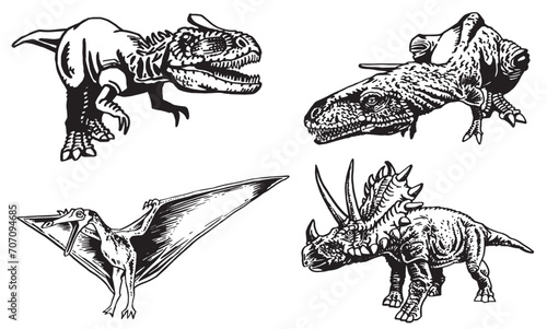 Graphical collection of dinosaurs  on white background,vector illustration for tattoo, design and printing