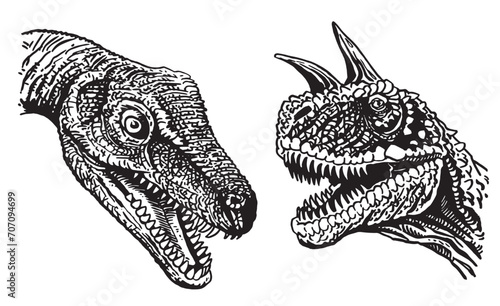 Graphical collection of dinosaurs on white background,vector illustration for tattoo, design and printing