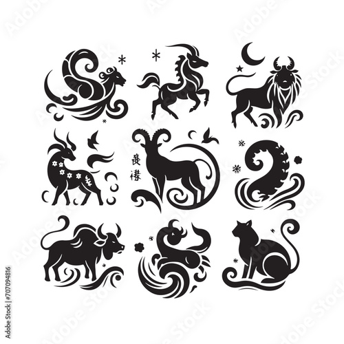 Harmonious Shadows Revealed  A Meticulously Crafted Collection of Chinese Zodiac Animal Silhouette Stock Imagery - Chinese New Year Silhouette - Chinese Zodiac Animal Vector Stock 