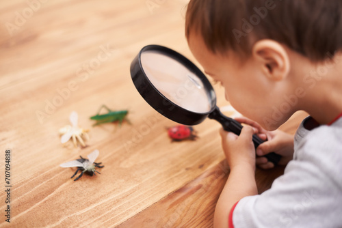 Child, study and learning about insect with magnifying glass, investigation and science education. Kid, research and observe bugs in inspection check on table for biology, knowledge and development photo