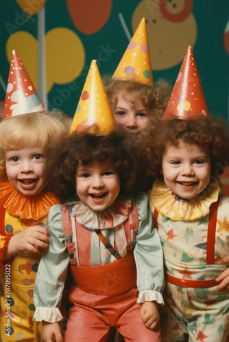 children dressed as clowns at a birthday party. generative ai