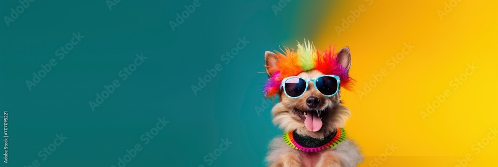 funny dog in a rainbow carnival party. generative ai