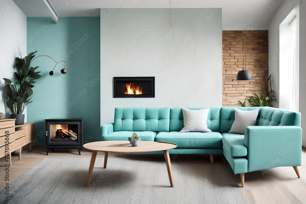 light Turquoise corner sofa near fireplace. Scandinavian home interior design of modern living room,looks as HD camera  