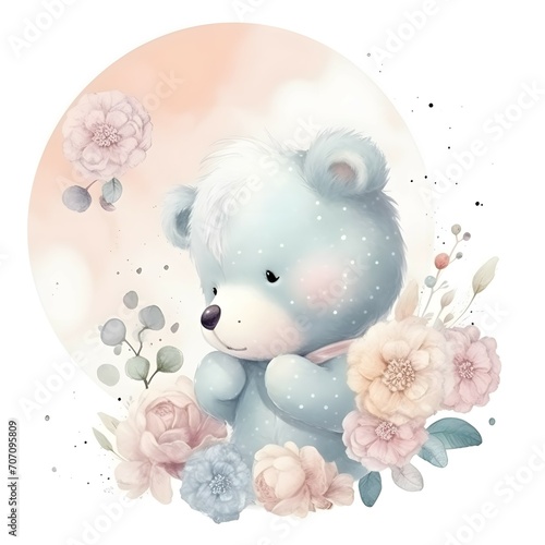 stiker osito beb?, en una nube, con flores con un biberon, dubujo, color pastel, fantasia 4k photo