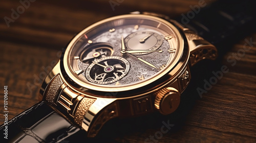 Luxury mens watch commercial concept, bespoke gold design on dark background, holiday gift