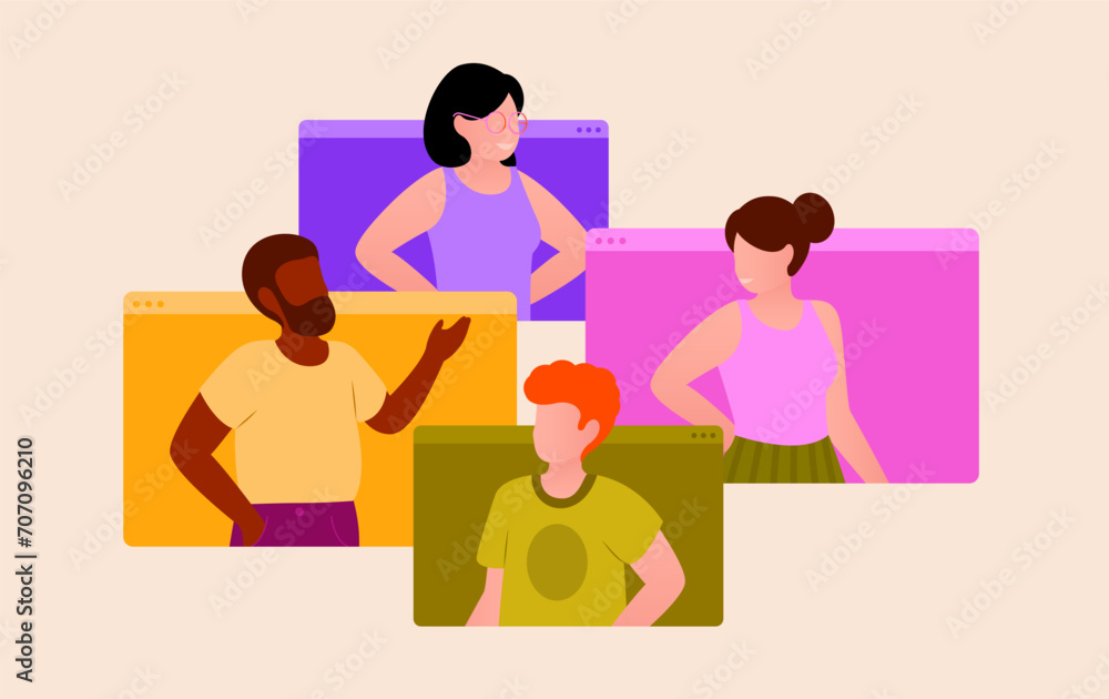 Illustration vectorielle d'hommes et femme discutant et travaillant sur ordinateur Illustration vectorielle d'hommes et femme discutant et travaillant sur ordinateur