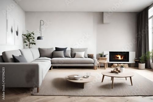 attrective looks  corner sofa near fireplace. Scandinavian home interior design of modern living room,looks as HD camera   photo