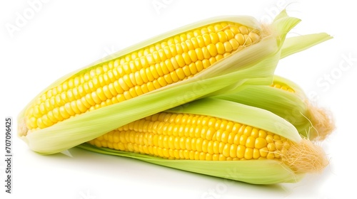Two ears of corn isolated on white background closeup. Sweet corn