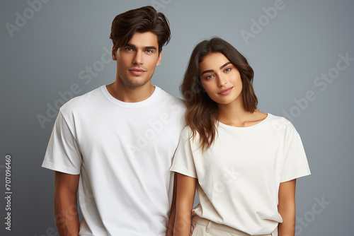 Attractive man and woman models in blank white t-shirt over gray background. Mockup shirt for branding, design, advertising, commerce. Unisex fashion. Generation ai.