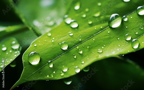 Green leaf with water drops. Nature background. Close-up.