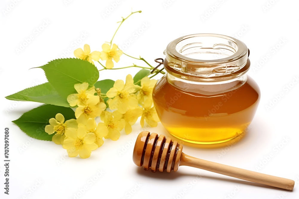 Jar of honey and jasmine flowers isolated on white background cutout Jar of honey and jasmine flowers isolated on white background cutout