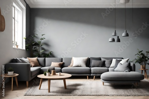 three knitted poufs near dark grey corner sofa copy space. Scandinavian home interior design of modern living room 