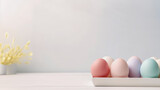 Easter minimalistic background with painted eggs in a wooden, decorative box