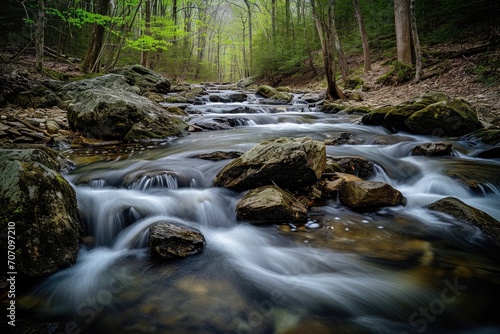 A tranquil river winds its way through a lush forest, cascading over a majestic waterfall and nourishing the surrounding landscape with its life-giving waters photo