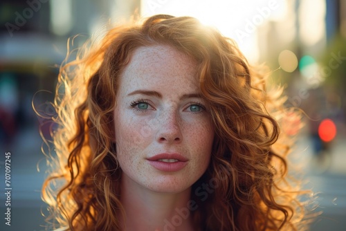 A fiery-haired woman with a sun-kissed face gazes confidently at the camera, her long feathered hair framing her freckled skin and bold eyebrows, exuding a cool and carefree surfer girl vibe on the b photo