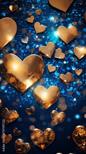 Blue and golden vertical background of glittering bokeh and shapes of hearts	
