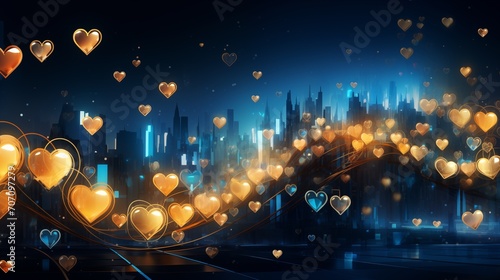 Blue and golden background of glittering bokeh and shapes of hearts with cityscape at background photo