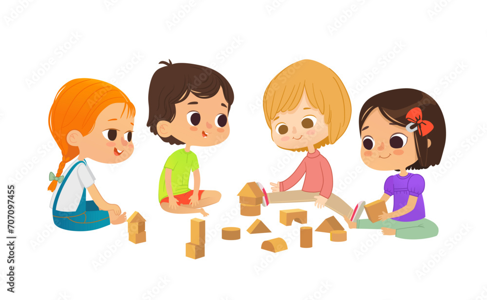 Smiling kids sit on floor in circle, play with toy cubes and talk. Children's entertainment, preschool and kindergarten activity concept. Vector illustration for website, banner, poster. Smiling kids sit on floor in circle, play with toy cubes and talk. Children's entertainment, preschool and kindergarten activity concept. Vector illustration for website, banner, poster.