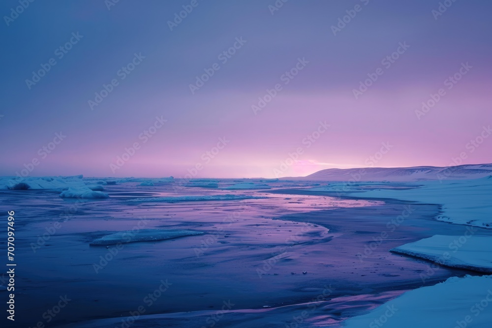 The tranquil arctic landscape glistened under the vibrant sunset, as the frozen lake's icy surface reflected the cold winter sky