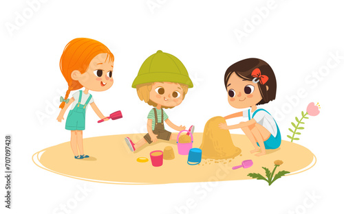 Playground with kids. Vector illustration of children, boy and girl share their toys while playing in sandbox sandpit on playground. Children on the playground area, playing together. Vector