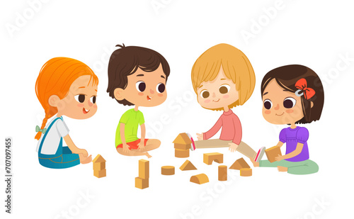 Smiling kids sit on floor in circle, play with toy cubes and talk. Children's entertainment, preschool and kindergarten activity concept. Vector illustration for website, banner, poster.