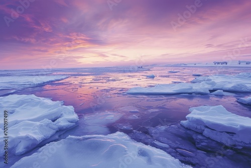 A stunning winter landscape with the fiery sunset reflecting on the frozen sea ice, melting glaciers and majestic snow-covered mountains, creating a mesmerizing blend of fire and ice in the arctic sk