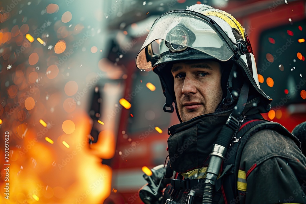 A brave firefighter dons their signature helmet, ready to protect and serve in the face of danger, their determined human face reflecting their commitment to their vital work in protective clothing a A brave firefighter dons their signature helmet, ready to protect and serve in the face of danger, their determined human face reflecting their commitment to their vital work in protective clothing a