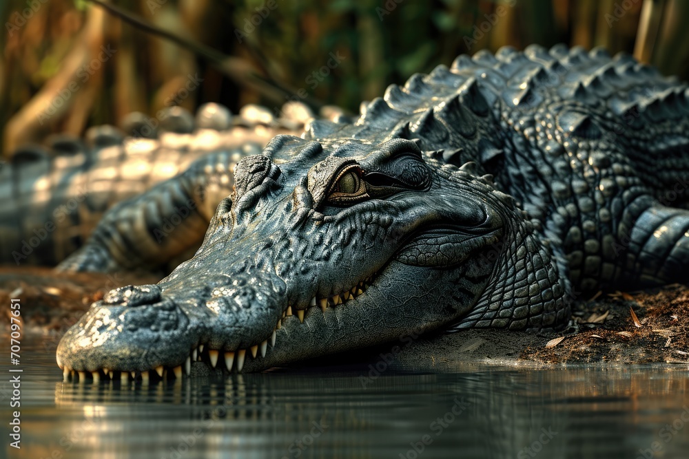 Obraz premium A fierce crocodilian reptile basks in the sunlight, showcasing its formidable scaled exterior as it rests on the tranquil water's surface