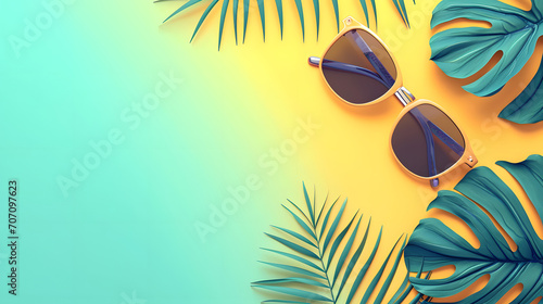 Minimalist summer concept with a palm tree beach sunglasses on blank yellow green background photo