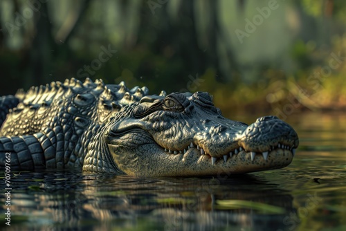A fierce and ancient crocodile glides through the serene waters, its scaled reptilian body blending into the grassy pond, a powerful reminder of the untamed beauty of the wild
