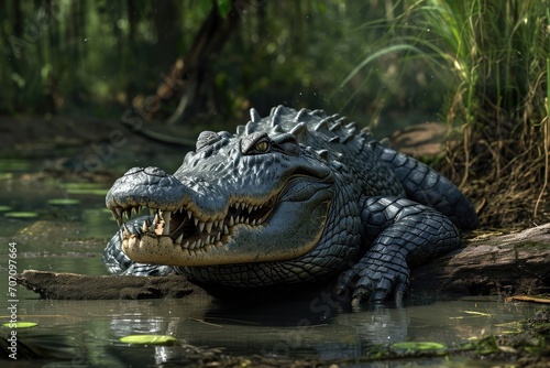 A prehistoric predator, the crocodile, basks in the tranquil waters of its natural habitat, surrounded by lush greenery and a towering tree, embodying the fierce beauty of this ancient reptile
