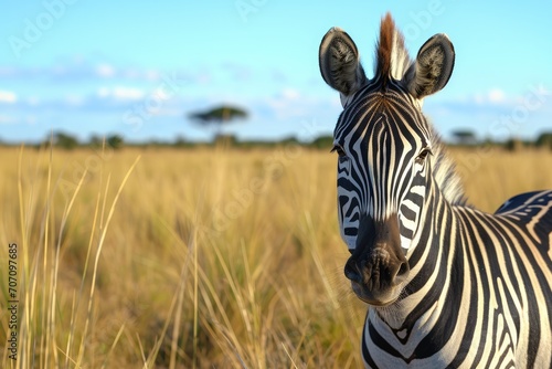 A majestic zebra stands tall in the vast savanna, its black and white stripes blending with the grass and sky, embodying the beauty of wildlife in its natural habitat