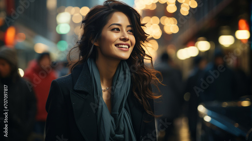 Asian, thinking and businesswoman with night, city and professional entrepreneur in street. Happy, smiling and urban town with Japanese female wearing a business suit for leadership and bokeh success © BotStarter/Peopleimages - AI