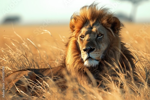 A majestic masai lion rests peacefully in the tall grass, blending seamlessly into the serene outdoor landscape as its thick brown fur glistens in the warm sunlight, embodying the essence of a powerf