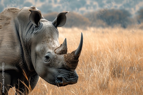 A majestic white rhinoceros stands tall in a field  its powerful snout and iconic horn representing the beauty and resilience of terrestrial animals in the wild