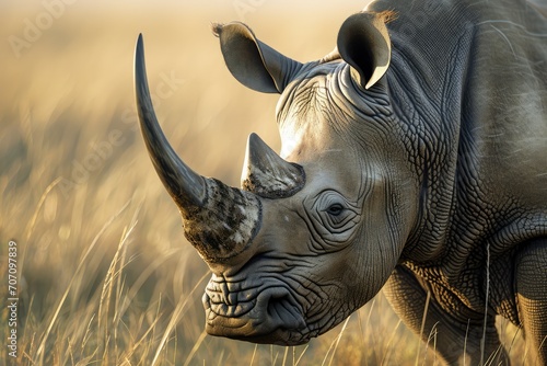 A majestic white rhinoceros stands tall in a field of golden grass, its powerful snout and iconic horn embodying the untamed spirit of the wild photo