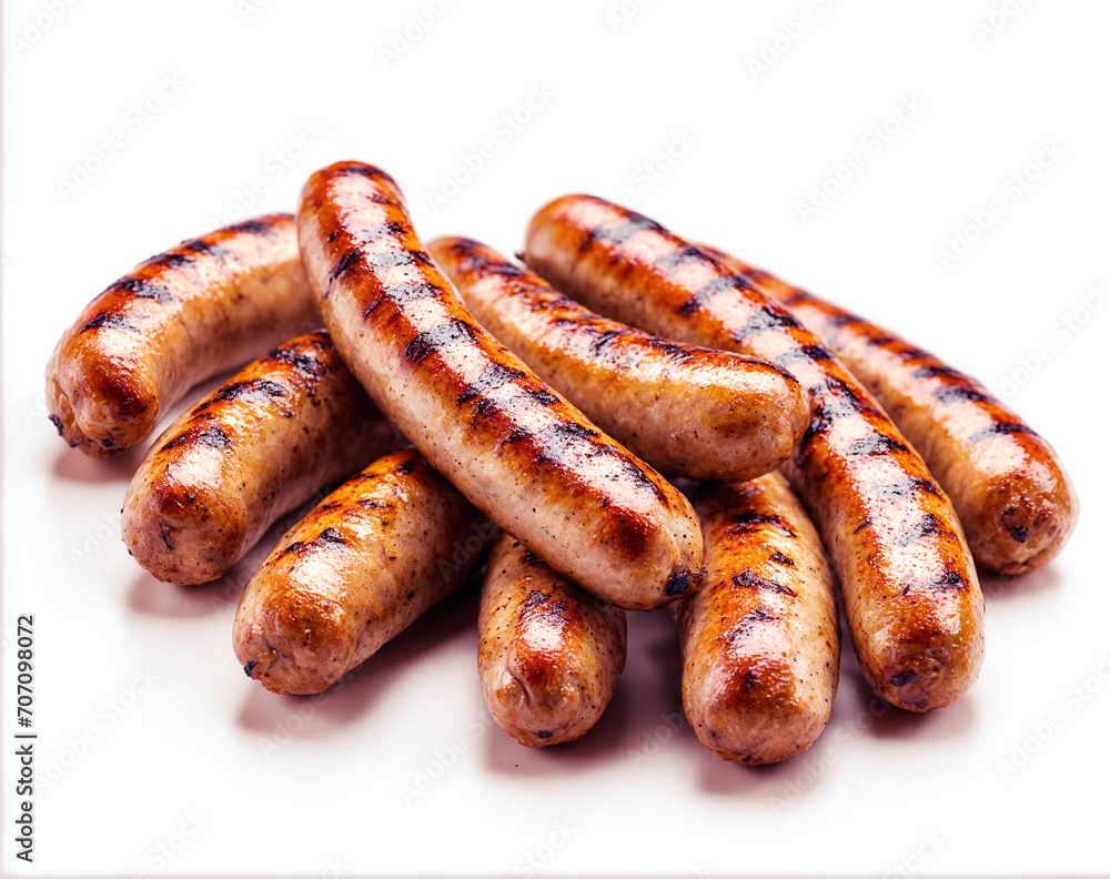 Grilled pork sausages with a barbecue infusion, showcased against a pristine white background