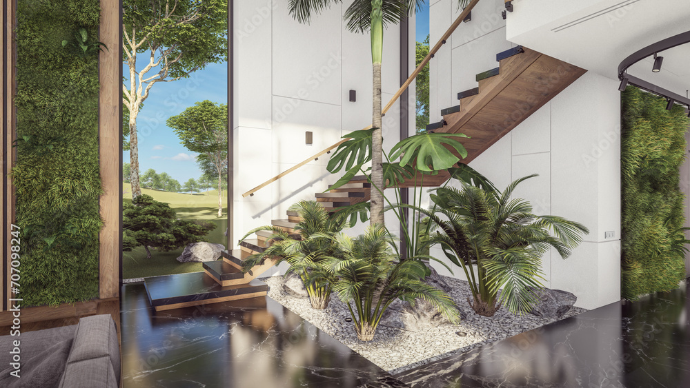 Fototapeta premium 3d rendering of expensive cozy interior with green walls with living dining zone stair and kitchen for sale or rent. Spacious apartments with expensive furniture, equipment and flowers