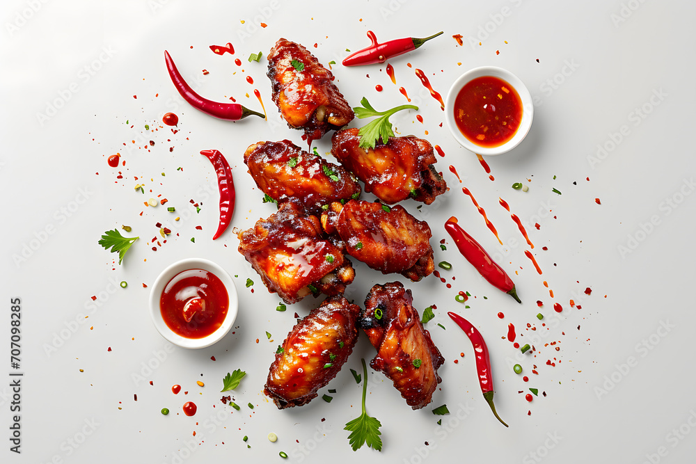 Spicy chicken legs with red sauce splashing Spicy chicken legs with red sauce splashing