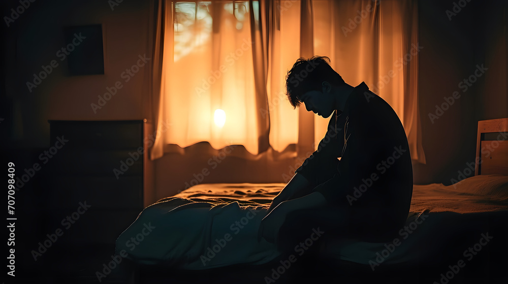 Silhouette depressed man sadly sitting on the bed in the bedroom. Sad asian man suffering depression insomnia awake and sit alone on the bed in bedroom. Depression health people concept. Silhouette depressed man sadly sitting on the bed in the bedroom. Sad asian man suffering depression insomnia awake and sit alone on the bed in bedroom. Depression health people concept.